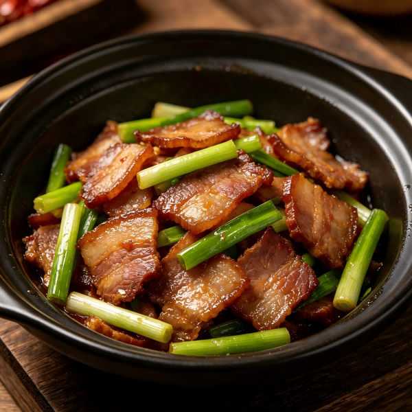 Sautéed Chinese Cured Pork Belly & Fresh Garlic Scapes